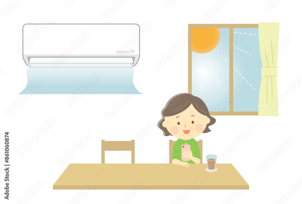 暑い日にクーラーをつけて涼しく過ごすおばあちゃん 暑い日にクーラーをつけて涼しく過ごすおばあちゃん