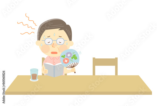 暑さを我慢して熱中症になりそうなおじいちゃんのベクターイラスト