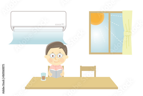 暑い日にクーラーをつけて涼しく過ごすおじいちゃんのベクターイラスト