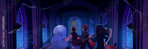 Children in halloween costume running in castle corridor with window to escape from danger. Medieval palace interior with kids back view. Spooky spider web and torch in dark masonry house or temple