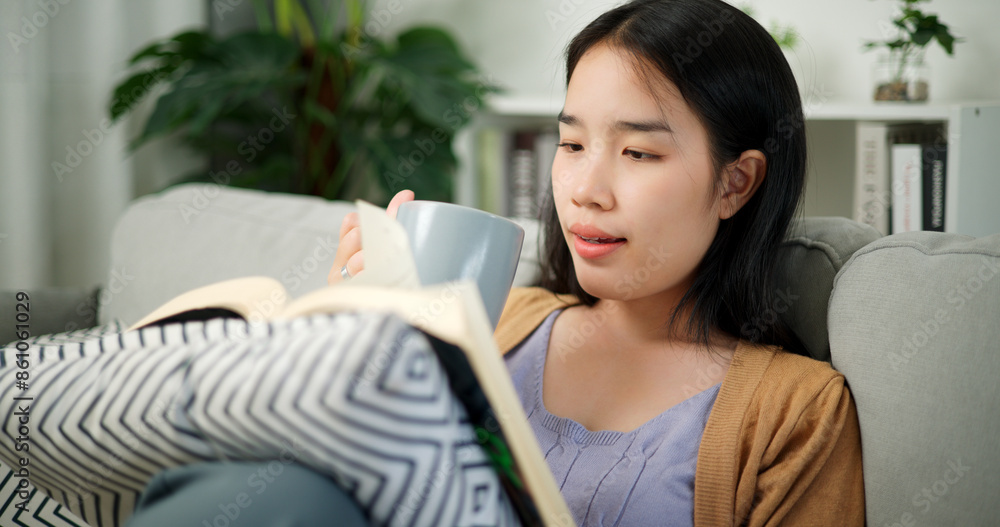 Portrait of Young Asian woman relaxing on the sofa drinking coffee or tea while reading a morning book in the living room. Daily routine Portrait of Young Asian woman relaxing on the sofa drinking coffee or tea while reading a morning book in the living room. Daily routine