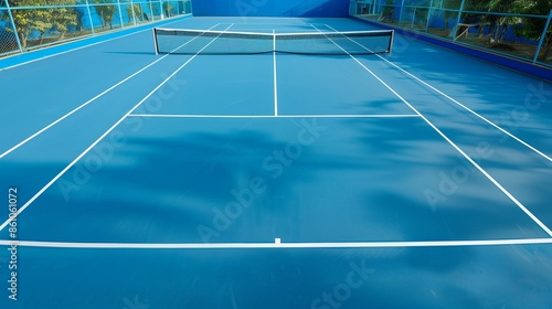 Peaceful tennis court with blue surface and white lines, offering ample copy space for text, ideal for summer sports event content. photo