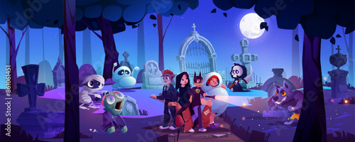 Children scared on graveyard at Halloween cartoon background. Danger at night cemetery with tombstone and spooky dead zombie. Horror forest scene with undead animal and creepy landscape for game