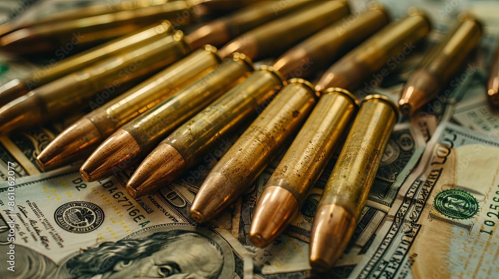Bullets in cartridges arranged in a bandolier alongside dollar bills, captured in close-up with selective focus. Conceptualizing weapon sales under lend-lease, aid with arms Bullets in cartridges arranged in a bandolier alongside dollar bills, captured in close-up with selective focus. Conceptualizing weapon sales under lend-lease, aid with arms