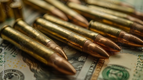 Bullets in cartridges arranged in a bandolier alongside dollar bills, captured in close-up with selective focus. Conceptualizing weapon sales under lend-lease, aid with arms photo