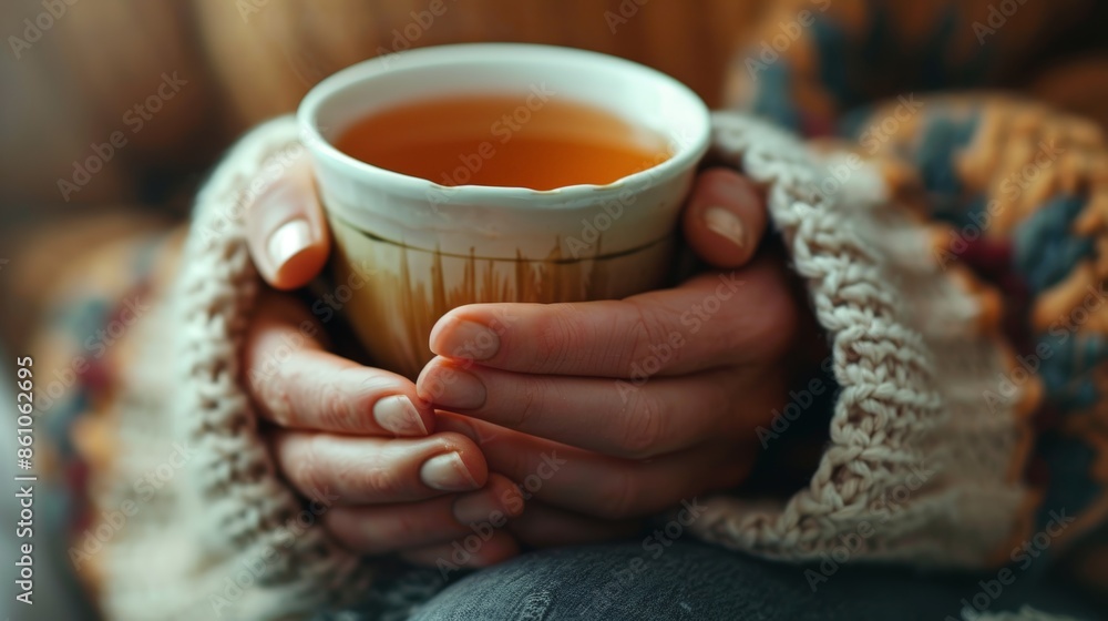 A person is holding a cup of tea in their hands while wearing a sweater A person is holding a cup of tea in their hands while wearing a sweater