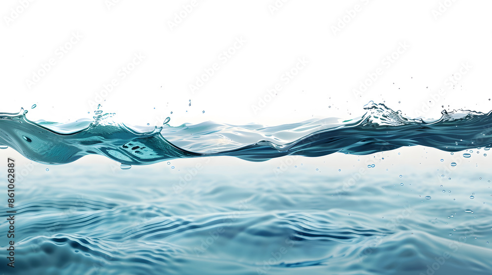 Wide web banner design of abstract blue water surface splitted by waterline to underwater and sky parts isolated on white background with foam on surface : Generative AI Wide web banner design of abstract blue water surface splitted by waterline to underwater and sky parts isolated on white background with foam on surface : Generative AI