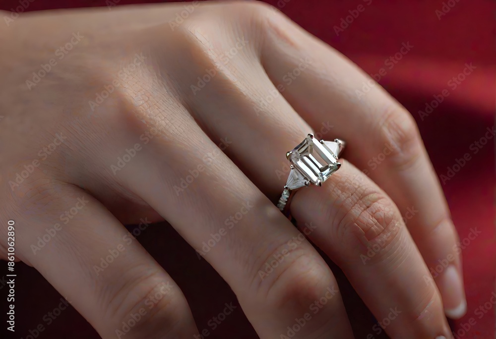Hand wearing a silver ring with a large rectangular gemstone Hand wearing a silver ring with a large rectangular gemstone