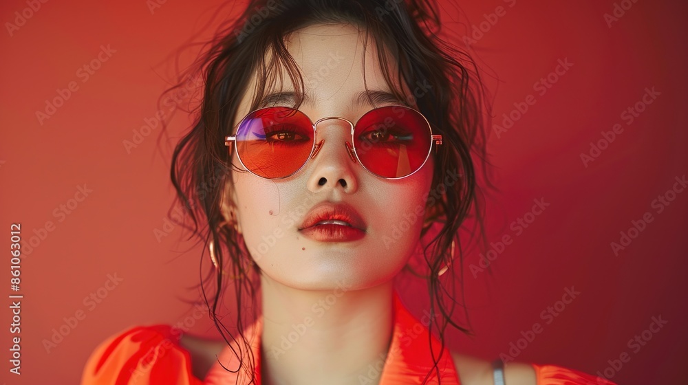 Bright studio fashion portrait of a young asian woman wearing sunglasses on red background Bright studio fashion portrait of a young asian woman wearing sunglasses on red background