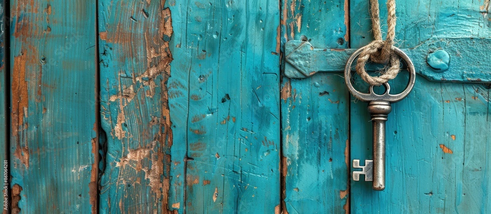 Bronze skeleton house key hanging by rope on blank antique teal blue rustic wood door; real estate background with wooden painted copy space. Copy space image. Place for adding text or design Bronze skeleton house key hanging by rope on blank antique teal blue rustic wood door; real estate background with wooden painted copy space. Copy space image. Place for adding text or design