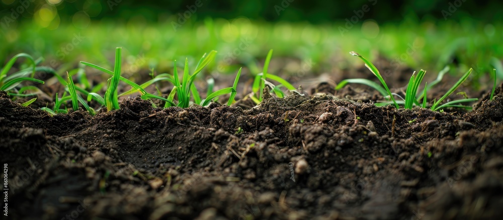 Close up of soil with green grass on the top layer. Part of exposed soil under bed of grass of lawn. Details of earth or ground. with copy space image. Place for adding text or design Close up of soil with green grass on the top layer. Part of exposed soil under bed of grass of lawn. Details of earth or ground. with copy space image. Place for adding text or design