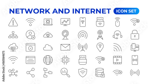 Set of Network and Internet outline icons. linear icon collection for online, computer, network, website, server, web design, hardware, software, and programming. Solid icons illustration collection.