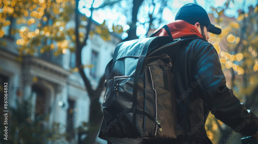 A deliveryman carrying a backpack, ready to deliver packages to customers A deliveryman carrying a backpack, ready to deliver packages to customers