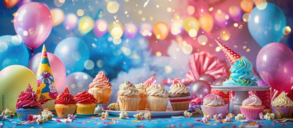 Colorful evening birthday party set with balloons, cupcakes, popcorn, candy and lots of fun for background use. with copy space image. Place for adding text or design Colorful evening birthday party set with balloons, cupcakes, popcorn, candy and lots of fun for background use. with copy space image. Place for adding text or design