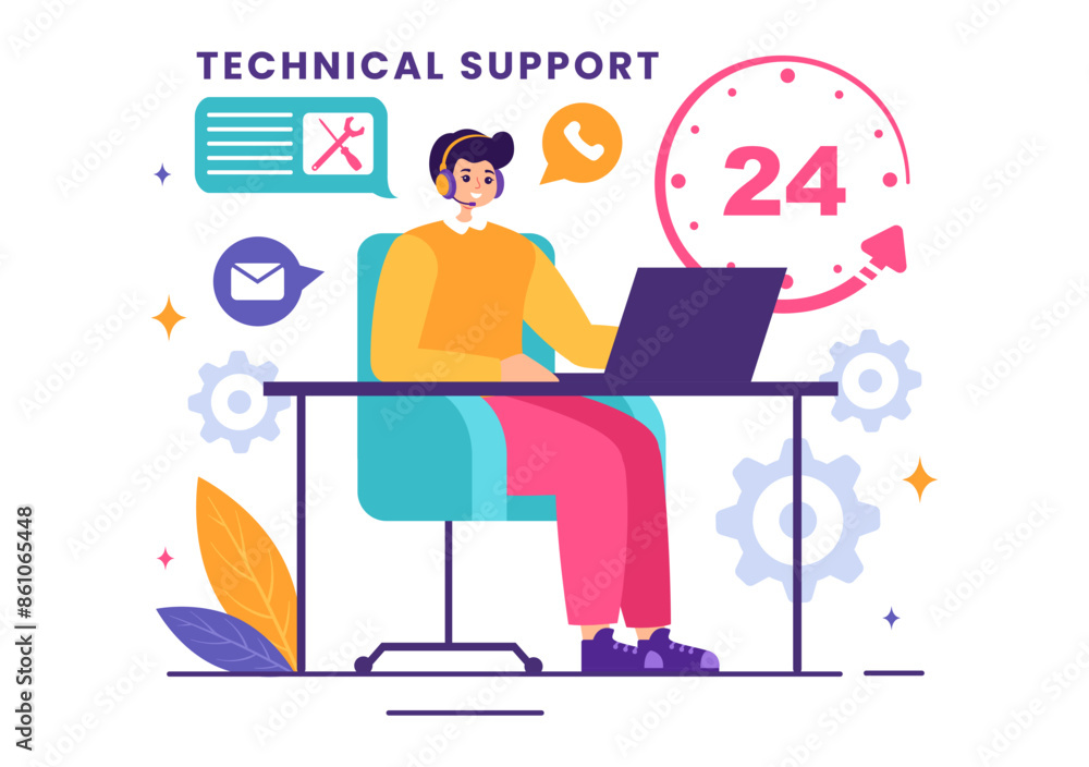 Vector Illustration of a Technical Support System featuring Software Development, Customer Service and Technology Help in a Flat Cartoon Background Vector Illustration of a Technical Support System featuring Software Development, Customer Service and Technology Help in a Flat Cartoon Background