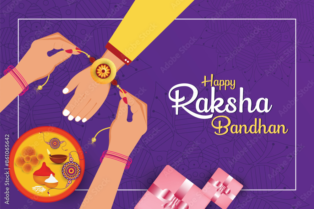 Obraz premium Happy Raksha Bandhan Indian Festival Rakhi banner. Sister ties bracelet on her brothers arm. Greeting card invitation design