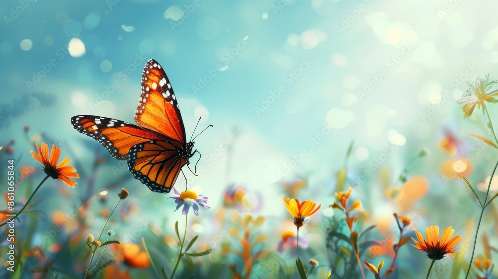 Butterfly on a flower in a meadow, surrounded by nature's vibrant hues and small creatures Butterfly on a flower in a meadow, surrounded by nature's vibrant hues and small creatures