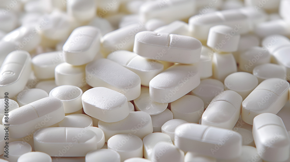 Closeup of various white pills and capsules representing pharmaceuticals health and treatment. Concept Medical treatment, Pharmaceutical industry, Health care, Medicine consumption Closeup of various white pills and capsules representing pharmaceuticals health and treatment. Concept Medical treatment, Pharmaceutical industry, Health care, Medicine consumption