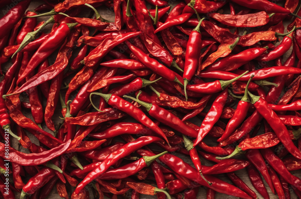 Close-up of vibrant collection of fresh red hot chili peppers creating spicy food and textural background Close-up of vibrant collection of fresh red hot chili peppers creating spicy food and textural background