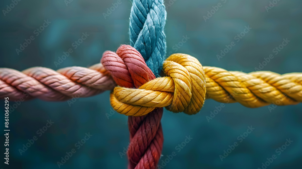 Collective Effort Integration and Unity with teamwork concept as a business metaphor for joining a partnership synergy and cohesion as diverse ropes connected together in interdependen Collective Effort Integration and Unity with teamwork concept as a business metaphor for joining a partnership synergy and cohesion as diverse ropes connected together in interdependen