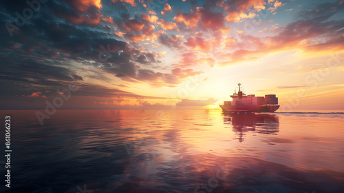 Container cargo ship in ocean at sunset dramatic sky background with copy space Nautical vessel and sea freight shipping International global business logistics transportation import e : Generative AI © Generative AI