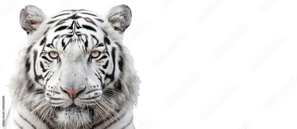 Obraz premium Face of a white bengal tiger, isolated on white background. Mask of the biggest cat. Wild beauty of the most dangerous and mighty beast. Copy space image. Place for adding text or design