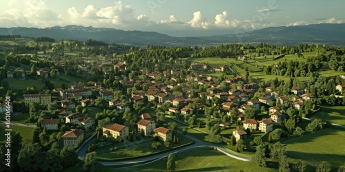 Aerial view of a charming village nestled amongst rolling green hills and a mountain backdrop.