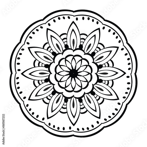 Circular pattern black and white floral ornamental mandala outline for coloring bok pages