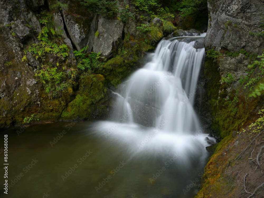 Waterfall in the forest in New Zealand, mysterious scene long exposure time Waterfall in the forest in New Zealand, mysterious scene long exposure time