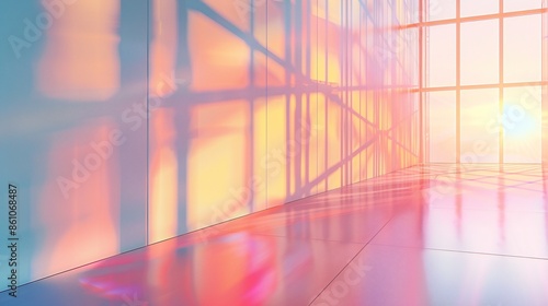 Indoor wall with dusk colors pouring in through windows, shot from a lower angle.