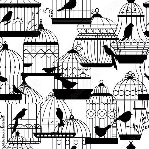 Birdcages Silhouettes Seamless Pattern vector