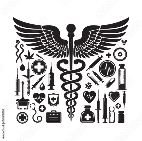 CADUCEUS SYMBOL silhouette vector illustration 