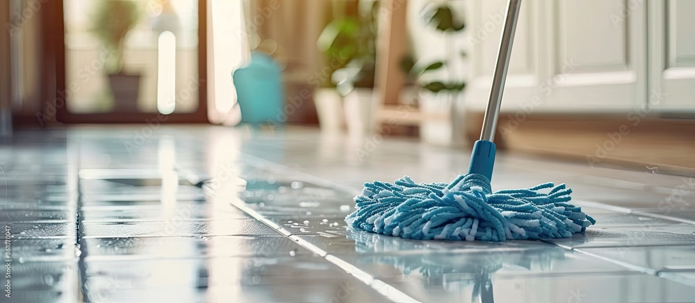 Tiles floor washing with mop in the kitchen. Regular clean up. Maid cleans house. with copy space image. Place for adding text or design Tiles floor washing with mop in the kitchen. Regular clean up. Maid cleans house. with copy space image. Place for adding text or design
