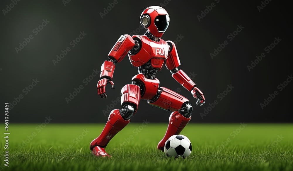 Robot AI football style black background and green grass Robot AI football style black background and green grass