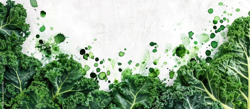 Fototapeta premium Creative layout made of green kale with watercolor spots on the white background. Flat lay. Food concept. Copy space image. Place for adding text or design