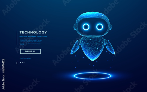 3D abstract digital AI robot floating above a light blue neon portal. Technology innovation background. Cute blue polygonal futuristic bot assistant. Tech bg. Low poly wireframe vector illustration.