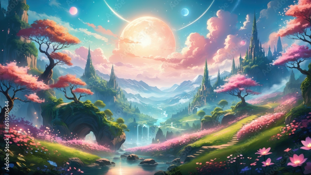 Fototapeta premium A stunning fantasy landscape featuring an enchanted forest with vibrant trees, colorful flowers, and a glowing moon in a colorful sky. The scene exudes a magical and dreamlike atmosphere