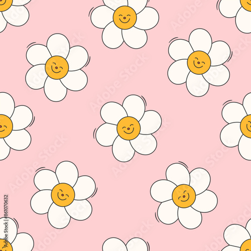 Seamless vector pattern with cute flower character in retro style. Abstract groovy daisy with smiling face on pink background. Funky plant texture in 70s design for wallpaper, textile, wrapping paper