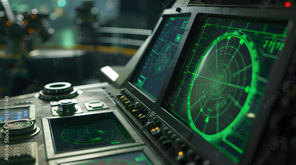 Fototapeta premium Radar screen with green display indication on a captains bridge of modern ship : Generative AI