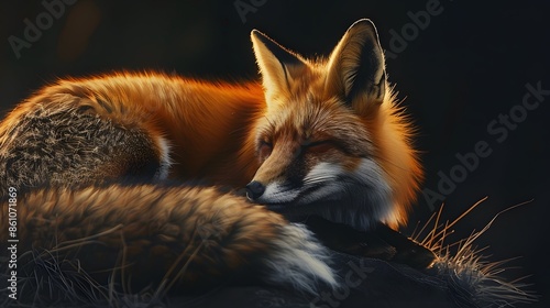 Red fox on dark background. 
