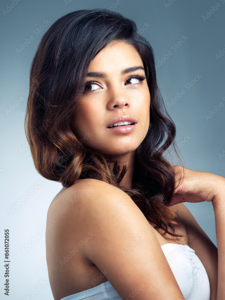 Beauty, thinking and woman in studio with hair care for idea, keratin treatment or shampoo glow on gray background. Hairstyle, aesthetic and model in salon for remember, fresh texture or cosmetics Beauty, thinking and woman in studio with hair care for idea, keratin treatment or shampoo glow on gray background. Hairstyle, aesthetic and model in salon for remember, fresh texture or cosmetics