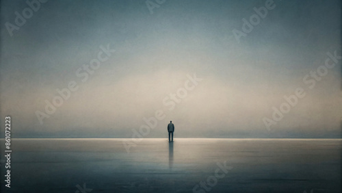 Misty Sunrise and a lonely person on art background