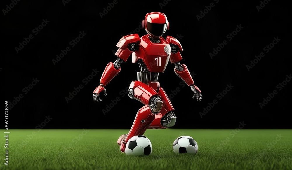 Robot AI football style black background and green grass Robot AI football style black background and green grass