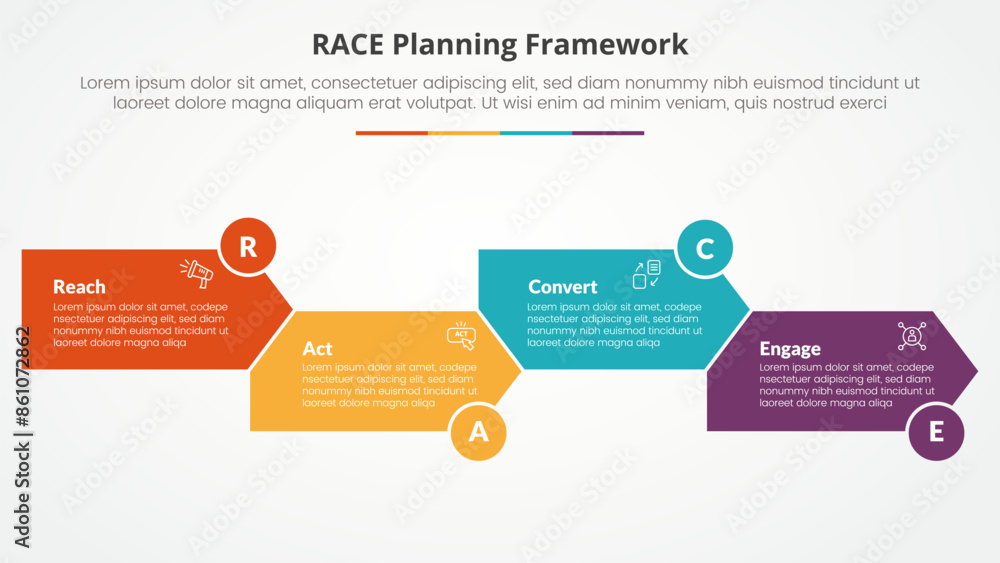 RACE framework infographic concept for slide presentation with arrow shape right direction up and down with 4 point list with flat style RACE framework infographic concept for slide presentation with arrow shape right direction up and down with 4 point list with flat style