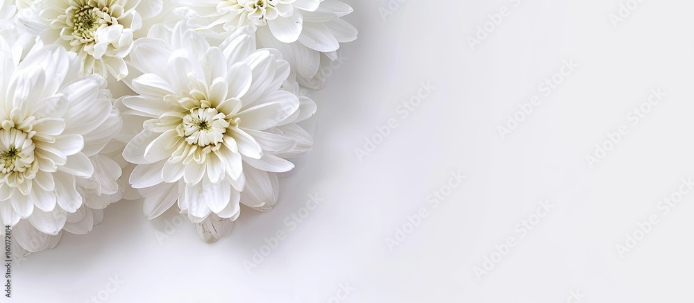 White chrysanthemum and a white background. Copy space image. Place for adding text or design White chrysanthemum and a white background. Copy space image. Place for adding text or design