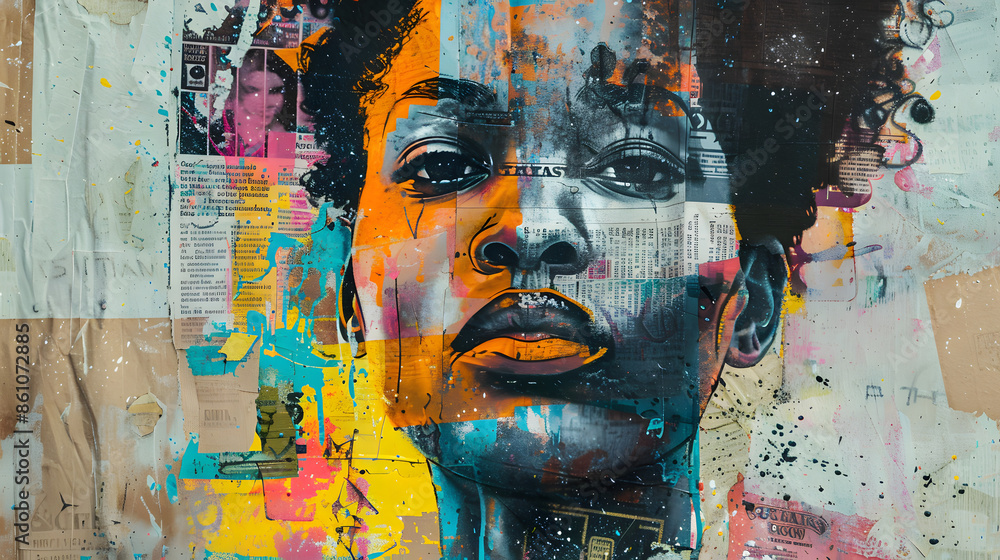 Fototapeta premium Graffiti, collage of grunge newspapers and multicolored painting splash, illustration of an African woman with a dreamy expression, urban graphic artwork, street art, mixed media