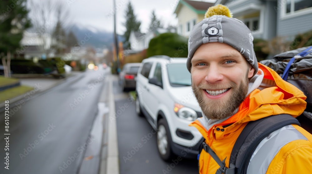 Friendly delivery driver smiling at the doorstep ensuring excellent customer service Friendly delivery driver smiling at the doorstep ensuring excellent customer service