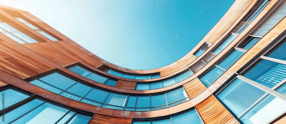 Fototapeta premium Modern art curved building with empty brick square against clear sky background. Copy space image. Place for adding text or design