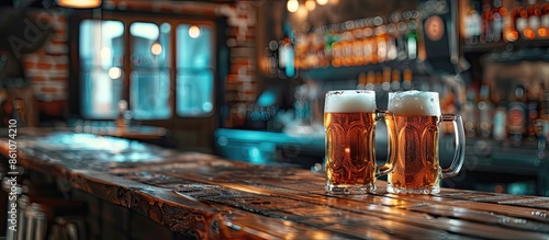 Cold glasses of beer in a bar. with copy space image. Place for adding text or design