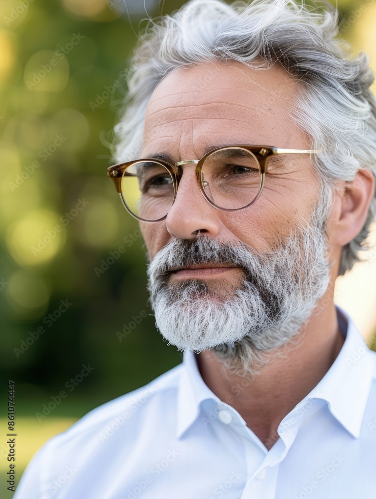 Middle-aged Man in Elegant Attire, Wearing Gold-Framed Glasses Middle-aged Man in Elegant Attire, Wearing Gold-Framed Glasses